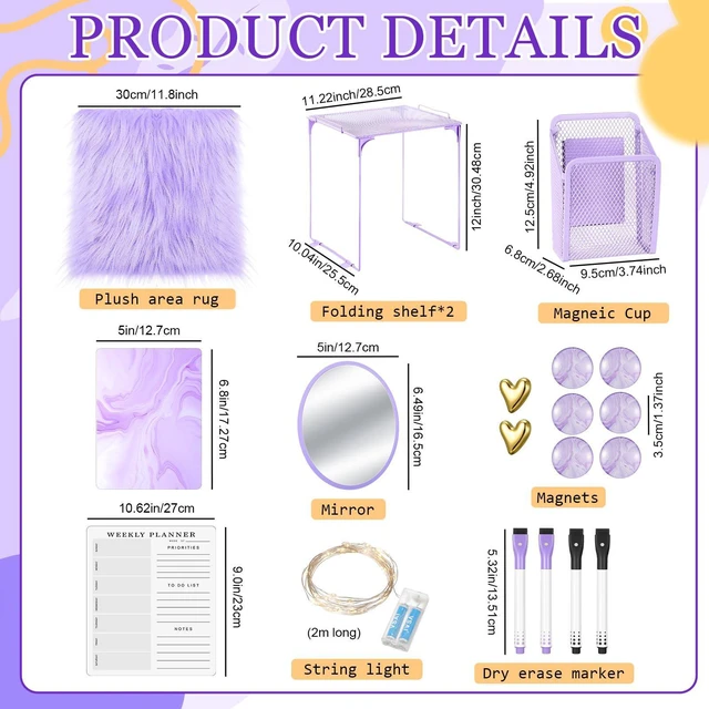 Alt view image 3 of 7 - 19 Pcs Locker Organizer and Decorating Kit, First Day of Essentials Marble Print Whiteboard with Markers Locker Shelf Plush Area Rug Mirror Magnetic Cup (Purple)