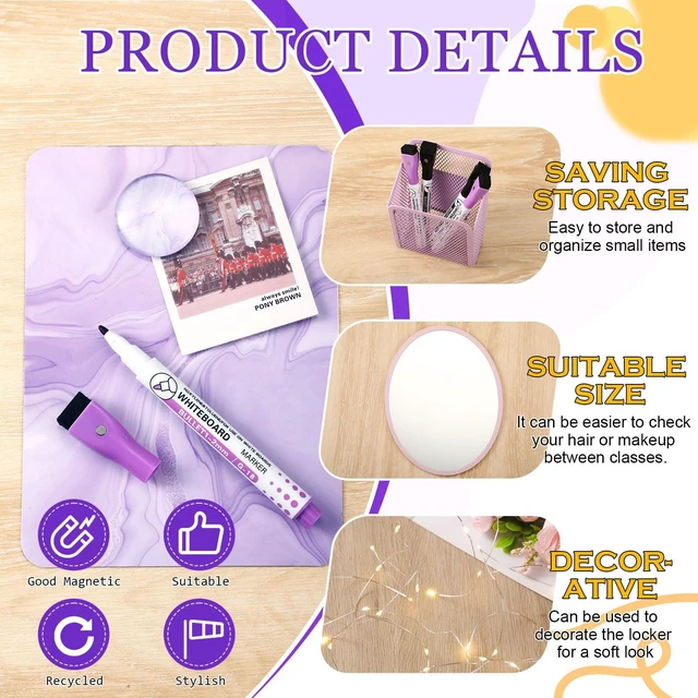Alt view image 4 of 7 - 19 Pcs Locker Organizer and Decorating Kit, First Day of Essentials Marble Print Whiteboard with Markers Locker Shelf Plush Area Rug Mirror Magnetic Cup (Purple)