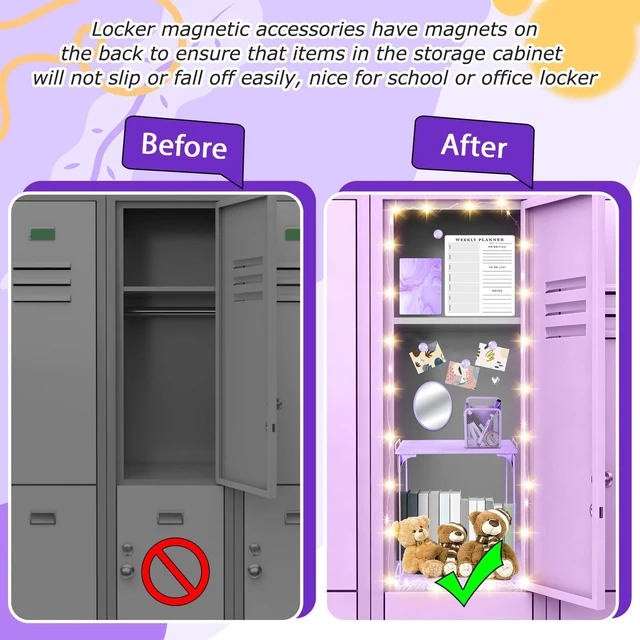 Alt view image 6 of 7 - 19 Pcs Locker Organizer and Decorating Kit, First Day of Essentials Marble Print Whiteboard with Markers Locker Shelf Plush Area Rug Mirror Magnetic Cup (Purple)