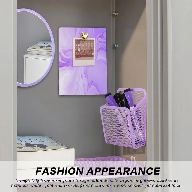 Alt view image 7 of 7 - 19 Pcs Locker Organizer and Decorating Kit, First Day of Essentials Marble Print Whiteboard with Markers Locker Shelf Plush Area Rug Mirror Magnetic Cup (Purple)