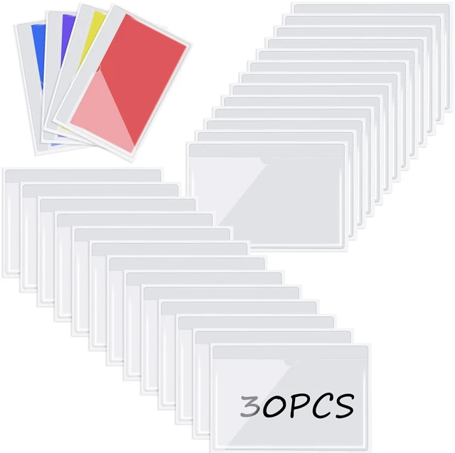 Alt view image 2 of 7 - 30 Pack Self Adhesive Index Card Pockets Top Open, 5.8 x 8.7 Inch Clear Plastic Sleeves For Business Cards, Labels, Holder Protects, Stick On Cabinets, Desks, Walls, Organizing