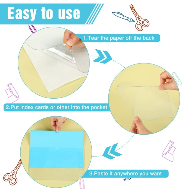 Alt view image 5 of 7 - 30 Pack Self Adhesive Index Card Pockets Top Open, 5.8 x 8.7 Inch Clear Plastic Sleeves For Business Cards, Labels, Holder Protects, Stick On Cabinets, Desks, Walls, Organizing