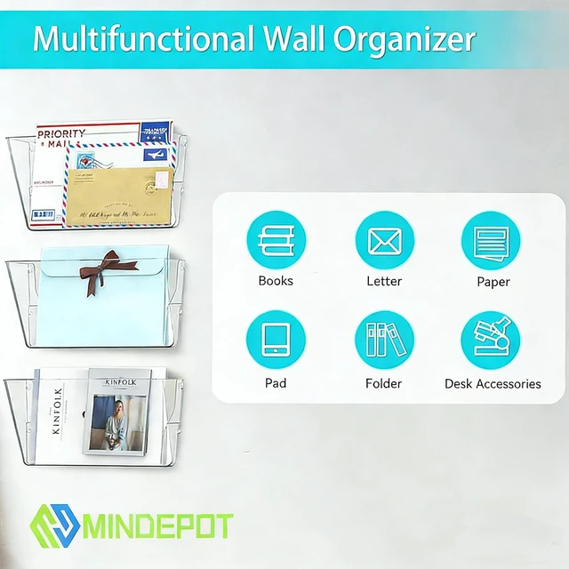 Alt view image 5 of 6 - 3 Pockets Acrylic Wall File Organizer Clear File Holder for Office