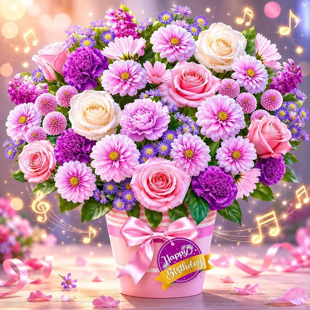 Main image of Birthday Cards, Birthday Card with Music and Light, Flower Bouquet 3D Card for Mom, Women, Wife (Birthday Purple Flower)