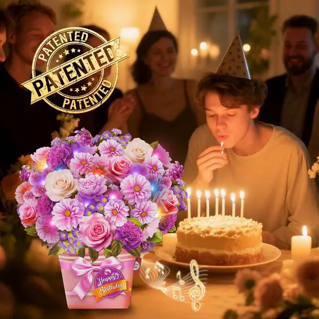 Alt view image 2 of 6 - Birthday Cards, Birthday Card with Music and Light, Flower Bouquet 3D Card for Mom, Women, Wife (Birthday Purple Flower)