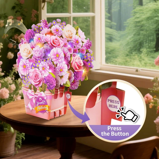 Alt view image 3 of 6 - Birthday Cards, Birthday Card with Music and Light, Flower Bouquet 3D Card for Mom, Women, Wife (Birthday Purple Flower)