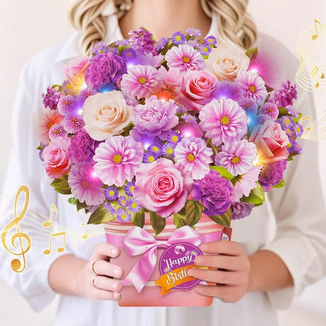 Alt view image 6 of 6 - Birthday Cards, Birthday Card with Music and Light, Flower Bouquet 3D Card for Mom, Women, Wife (Birthday Purple Flower)