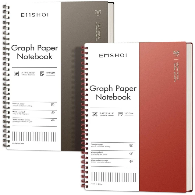 Main image of Graph Grid Journal Notebook, 2 Pack, 320 Pages, B5 (7.4" x 10") 100 GSM Thick Paper, Flexible Plastic Cover, Spiral-bound, for School, Student, Note Taking, Math, Engineering (Brown & Red)