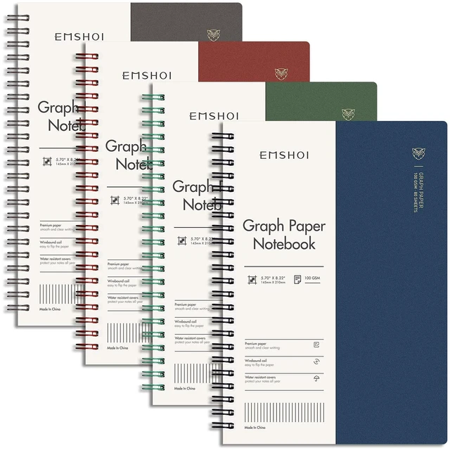 Main image of Graph Grid Journal Notebook, 4 Pack, 640 Pages, A5 (5.7" x 8.2") 100 GSM Thick Paper, Flexible Plastic Cover, Spiral-bound, for School, Student, Note Taking, Engineering