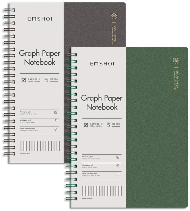 Main image of Graph Grid Journal Notebook, 2 Pack, 320 Pages, B5 (7.4" x 10") 100 GSM Thick Paper, Flexible Plastic Cover, Spiral-bound, for School, Student, Note Taking, Engineering (Brown & Green)