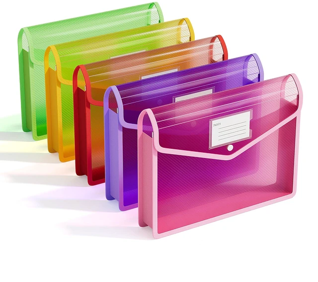Main image of Plastic Expanding File Folders, Transparent Envelopes with Snap Suitable for Home, Office, School, Large Capacity, No Dividers, Dopamine 5-Color, Fits Letter/A4 Size - 5 Pack