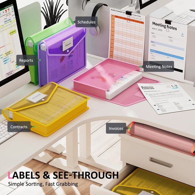 Alt view image 4 of 7 - Plastic Expanding File Folders, Transparent Envelopes with Snap Suitable for Home, Office, School, Large Capacity, No Dividers, Dopamine 5-Color, Fits Letter/A4 Size - 5 Pack