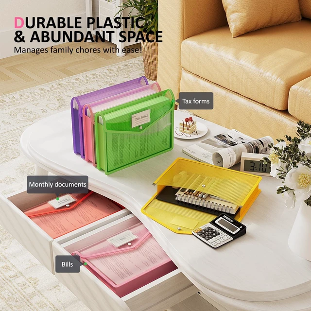 Alt view image 5 of 7 - Plastic Expanding File Folders, Transparent Envelopes with Snap Suitable for Home, Office, School, Large Capacity, No Dividers, Dopamine 5-Color, Fits Letter/A4 Size - 5 Pack