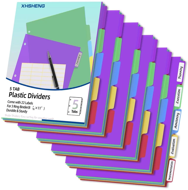 Main image of Dividers for 3 Ring Binders,5 TAB Binder Dividers,Plastic, Multicolor Binder separators with tabsColored 6 Sets