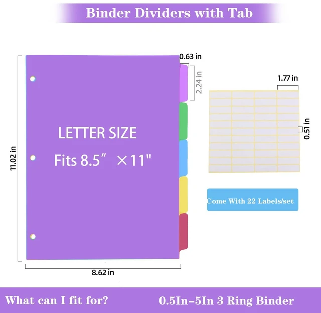Alt view image 2 of 7 - Dividers for 3 Ring Binders,5 TAB Binder Dividers,Plastic, Multicolor Binder separators with tabsColored 6 Sets