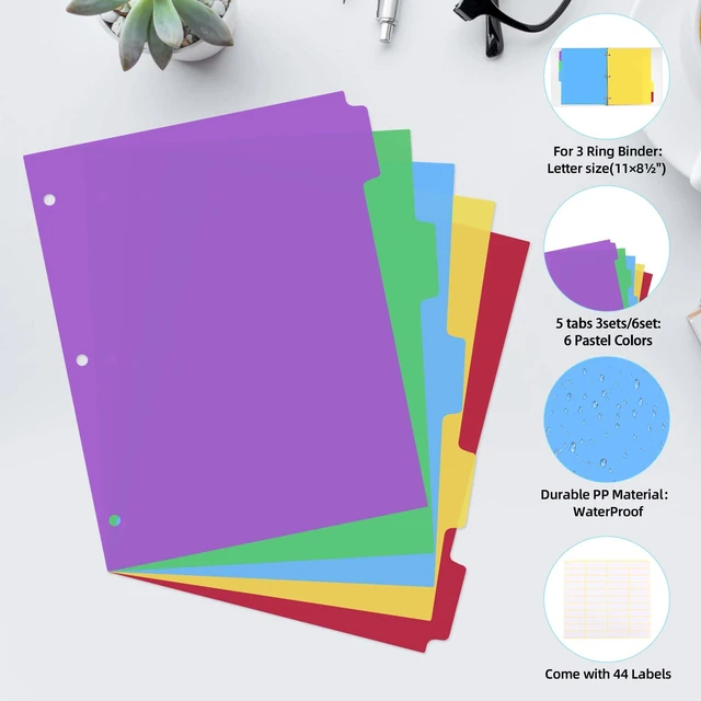Alt view image 4 of 7 - Dividers for 3 Ring Binders,5 TAB Binder Dividers,Plastic, Multicolor Binder separators with tabsColored 6 Sets