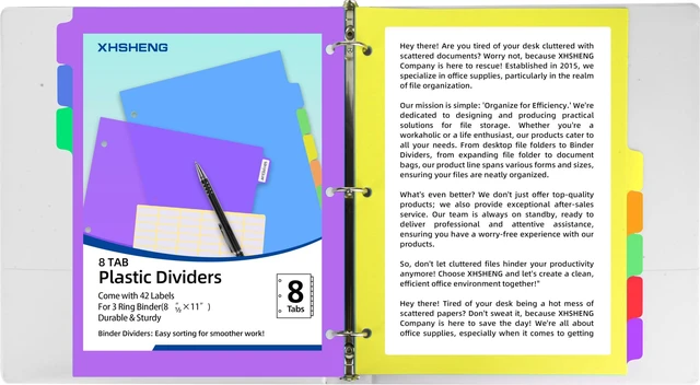 Alt view image 7 of 7 - Dividers for 3 Ring Binders,5 TAB Binder Dividers,Plastic, Multicolor Binder separators with tabsColored 6 Sets
