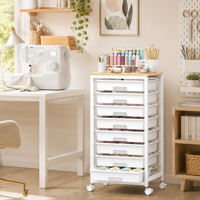 Alt view image 2 of 7 - Rolling Cart with 8 Drawers,White Storage Cart with Wooden Tabletop and Wheels for Craft Organizer,Classroom,Office,Easy Assembly