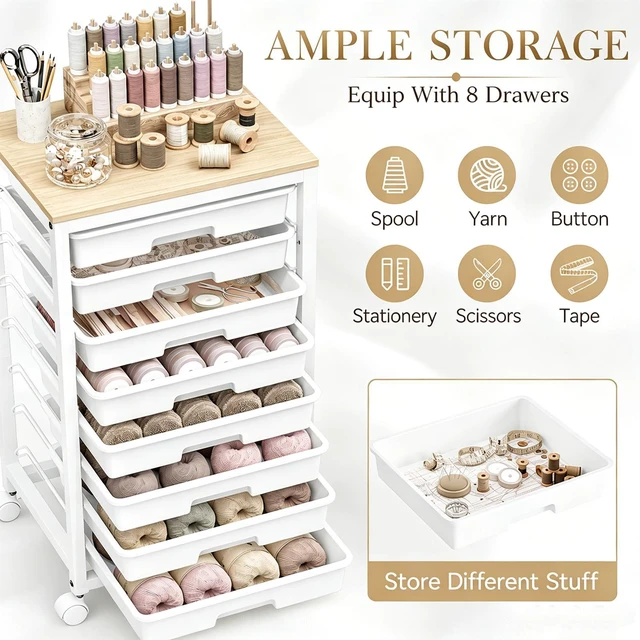 Alt view image 3 of 7 - Rolling Cart with 8 Drawers,White Storage Cart with Wooden Tabletop and Wheels for Craft Organizer,Classroom,Office,Easy Assembly