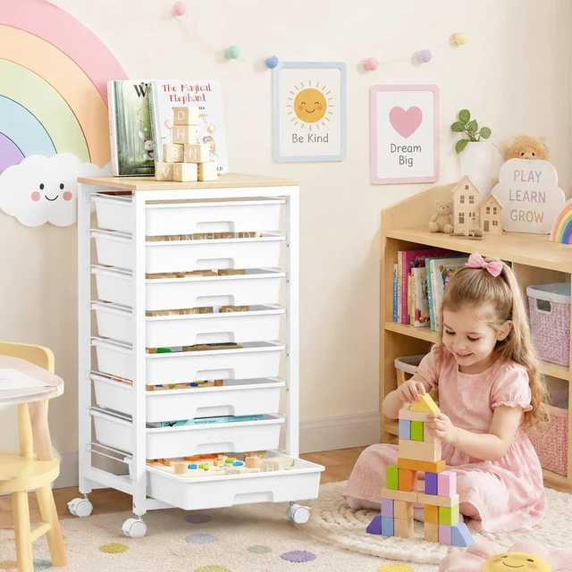 Alt view image 4 of 7 - Rolling Cart with 8 Drawers,White Storage Cart with Wooden Tabletop and Wheels for Craft Organizer,Classroom,Office,Easy Assembly