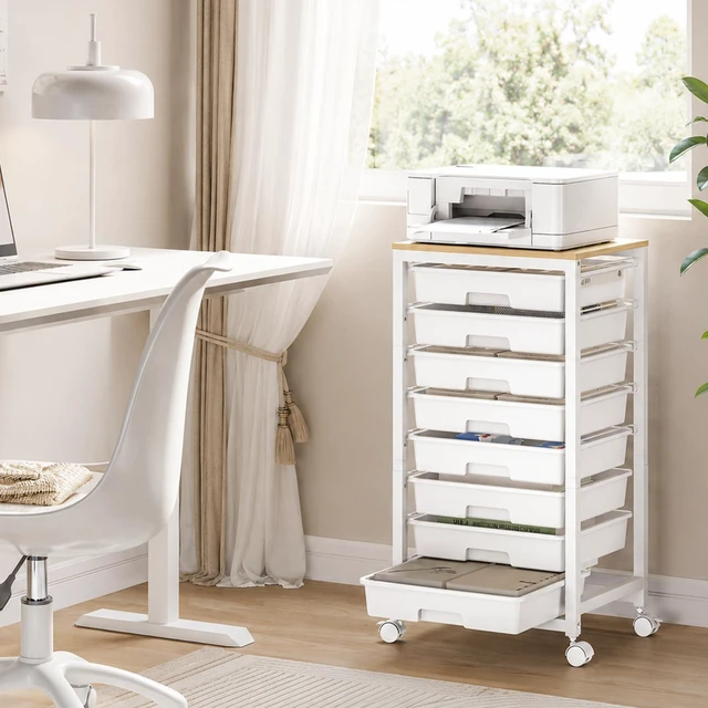 Alt view image 6 of 7 - Rolling Cart with 8 Drawers,White Storage Cart with Wooden Tabletop and Wheels for Craft Organizer,Classroom,Office,Easy Assembly