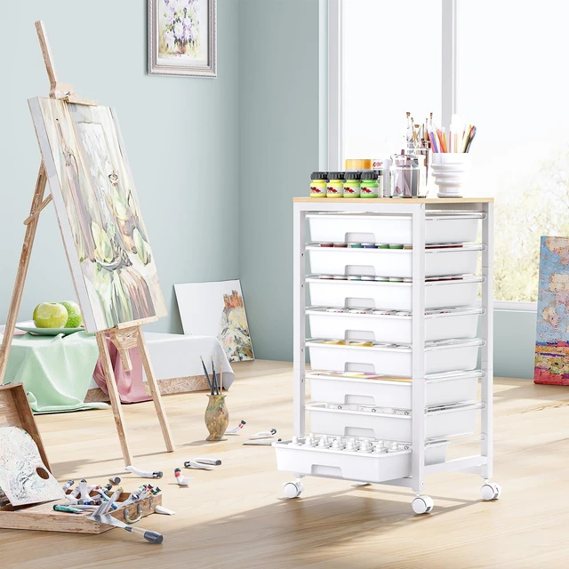 Alt view image 7 of 7 - Rolling Cart with 8 Drawers,White Storage Cart with Wooden Tabletop and Wheels for Craft Organizer,Classroom,Office,Easy Assembly