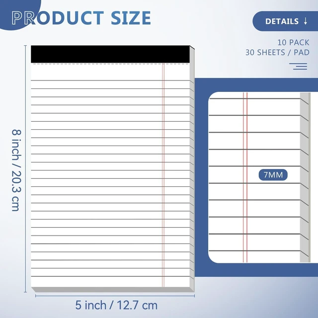 Alt view image 2 of 7 - 10 Pack of Legal Pad Writing Pads 5" x 8" Notepad 80gsm Recycled Paper Small Legal Pads 25 Lines Note Pads Perforated Legal Pads 30 Sheets Double-Sided Printing Legal Pads for School, College, Office