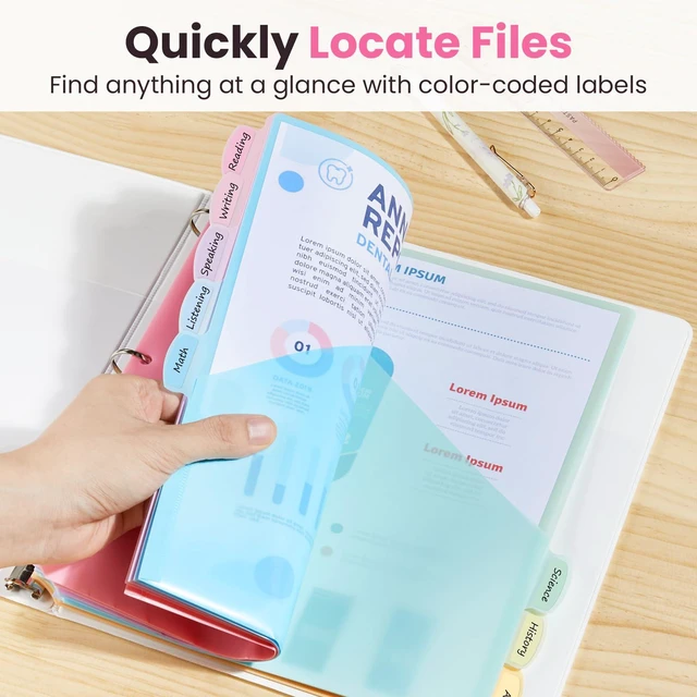 Alt view image 6 of 7 - 8-Tab Binder Dividers with Two Pockets, 8 Tabs Dividers for 3 Ring Binder Organizers, 3-Hole Plastic Sheets Protectors for US Letter Size, School, College, Office Supplies, Pastels, Set of 3