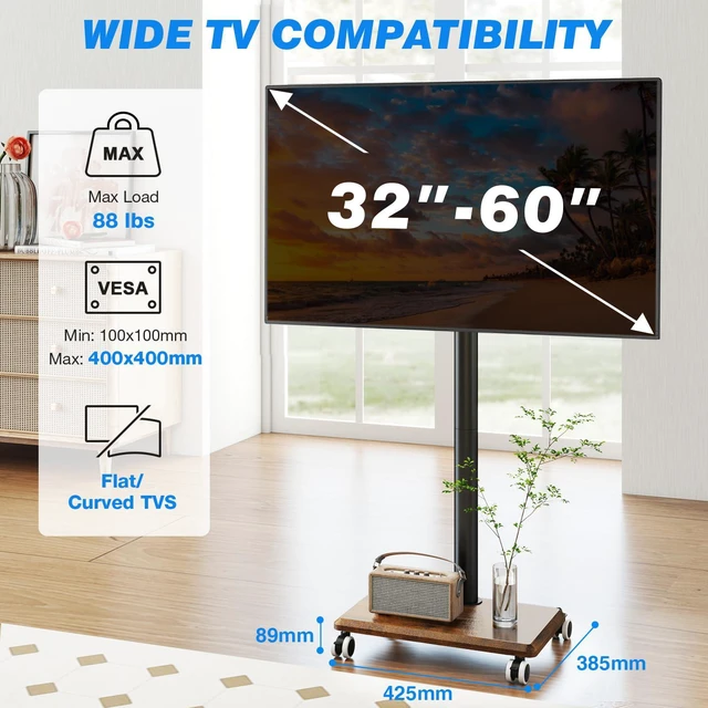 Alt view image 3 of 7 - Rolling TV Stand for 32 to 60 Inch TV up to 88lbs Wood Base Brown Height Adjustable Mobile TV Cart with Lockable Wheels, Portable Floor TV Stand for Living Room, Bedroom, VESA 400x400mm