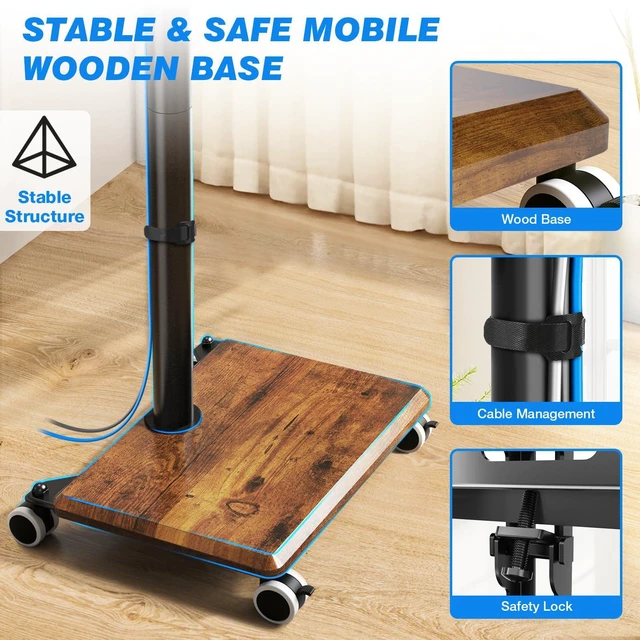 Alt view image 5 of 7 - Rolling TV Stand for 32 to 60 Inch TV up to 88lbs Wood Base Brown Height Adjustable Mobile TV Cart with Lockable Wheels, Portable Floor TV Stand for Living Room, Bedroom, VESA 400x400mm