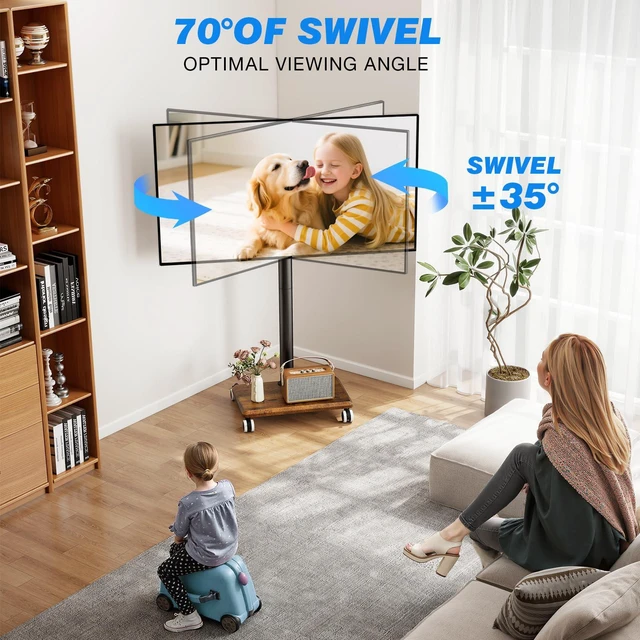 Alt view image 6 of 7 - Rolling TV Stand for 32 to 60 Inch TV up to 88lbs Wood Base Brown Height Adjustable Mobile TV Cart with Lockable Wheels, Portable Floor TV Stand for Living Room, Bedroom, VESA 400x400mm
