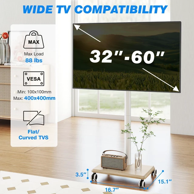 Alt view image 3 of 7 - Rolling TV Stand for 32 to 60 Inch TV up to 88lbs Wood Base White Height Adjustable Mobile TV Cart with Lockable Wheels, Portable Floor TV Stand for Living Room, Bedroom, VESA 400x400mm