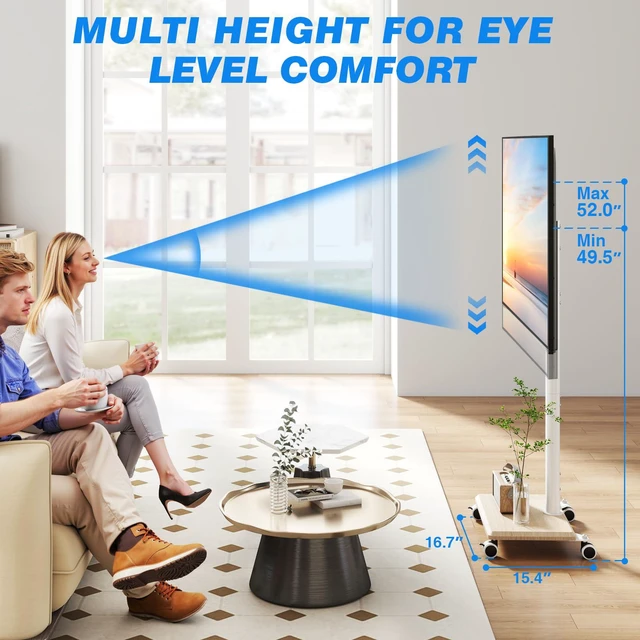 Alt view image 4 of 7 - Rolling TV Stand for 32 to 60 Inch TV up to 88lbs Wood Base White Height Adjustable Mobile TV Cart with Lockable Wheels, Portable Floor TV Stand for Living Room, Bedroom, VESA 400x400mm