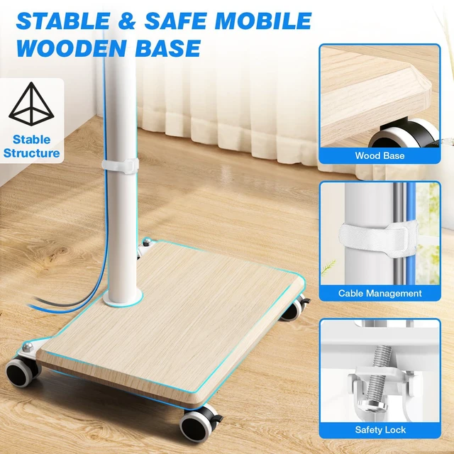 Alt view image 6 of 7 - Rolling TV Stand for 32 to 60 Inch TV up to 88lbs Wood Base White Height Adjustable Mobile TV Cart with Lockable Wheels, Portable Floor TV Stand for Living Room, Bedroom, VESA 400x400mm