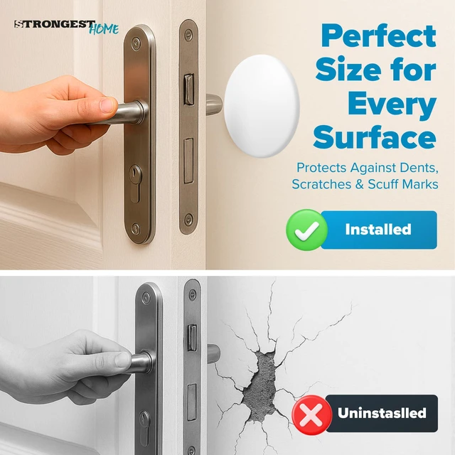 Alt view image 4 of 7 - 5-Inch White Rubber Door Stopper Wall Protector Bundle, Large Jumbo Wall Guard Cushion Shield for Drywall Holes, Heavy Duty Self-Adhesive Handle Stopper, 12-Pack