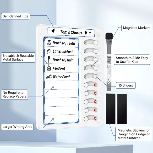Alt view image 3 of 7 - Chore Chart for Kids Dry Erase Chore Board ADHD Tools for Kids to Do List Checklist Task Board Routine Chart Planning Board for Fridge with 10 Sliders and Magnetic Marker, White and Blue, 2 Pack