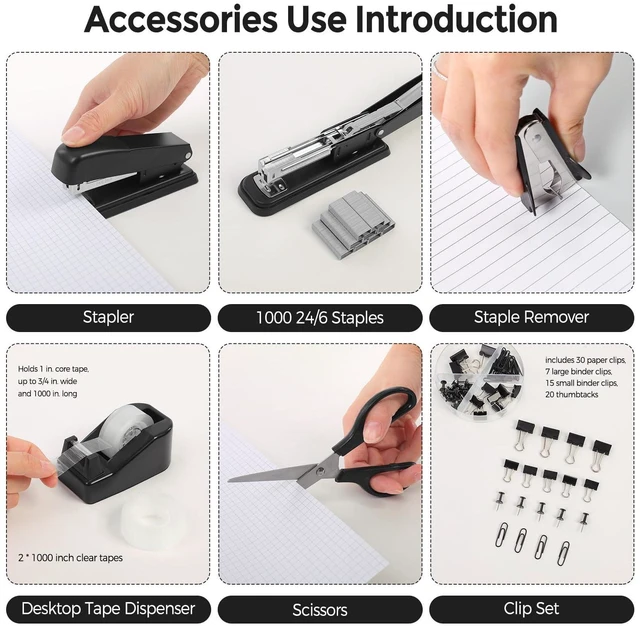 Alt view image 2 of 7 - Black Office Supplies Set, Stapler and Tape Dispenser Set,10PCS Black Desk Accessories with Stapler, Tape Dispenser, Scissors, Binder/Paper Clips and 1000pcs Staples, Desk Supplies Set