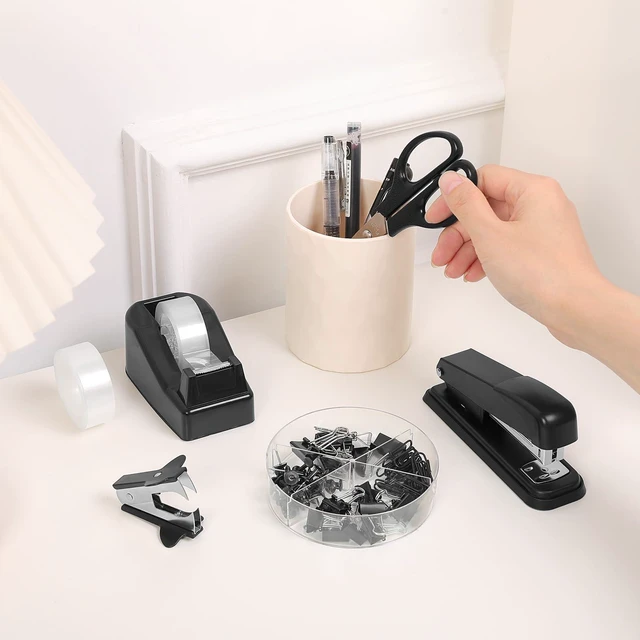 Alt view image 4 of 7 - Black Office Supplies Set, Stapler and Tape Dispenser Set,10PCS Black Desk Accessories with Stapler, Tape Dispenser, Scissors, Binder/Paper Clips and 1000pcs Staples, Desk Supplies Set