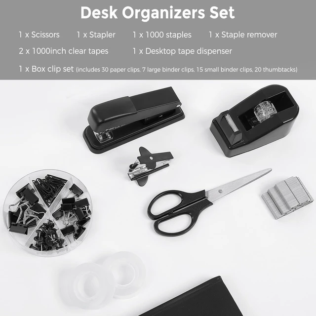 Alt view image 3 of 7 - Black Office Supplies Set, Stapler and Tape Dispenser Set,10PCS Black Desk Accessories with Stapler, Tape Dispenser, Scissors, Binder/Paper Clips and 1000pcs Staples, Desk Supplies Set