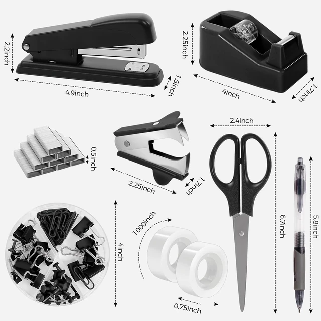 Alt view image 7 of 7 - Black Office Supplies Set, Stapler and Tape Dispenser Set,10PCS Black Desk Accessories with Stapler, Tape Dispenser, Scissors, Binder/Paper Clips and 1000pcs Staples, Desk Supplies Set