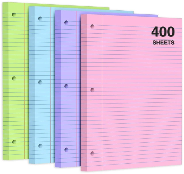 Main image of 400 Sheets Pastel Colored Filler Paper Set, College Ruled, 8" x 10.5" Three-Hole Punched, Compatible with 3-Ring Binders, Includes Pink, Purple, Blue, Green