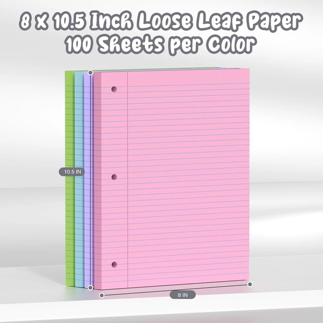 Alt view image 2 of 7 - 400 Sheets Pastel Colored Filler Paper Set, College Ruled, 8" x 10.5" Three-Hole Punched, Compatible with 3-Ring Binders, Includes Pink, Purple, Blue, Green
