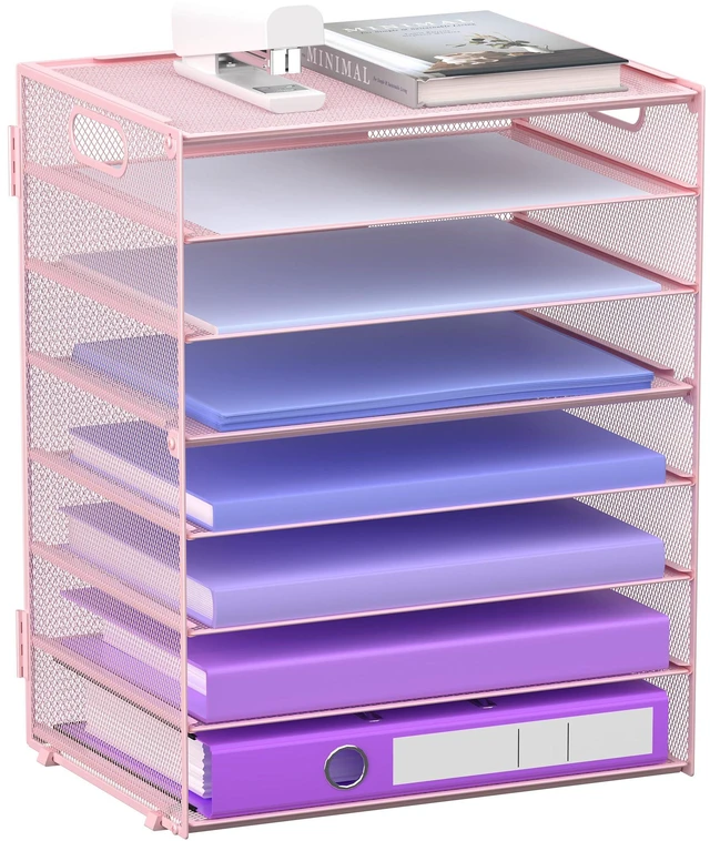 Main image of 8 Tier Paper Letter Tray Organizer with Handles for Desk (Pink) Mesh Desk File Holder Storage Organization for Home School Classroom & Office