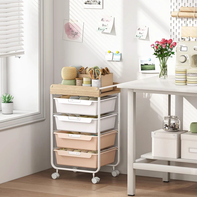 Alt view image 4 of 7 - Rolling Storage Utility Cart with 4 Drawers,Art Cart,Pearl Kids Craft Cart,Makeup Organizer and Storage with Wooden Tabletop