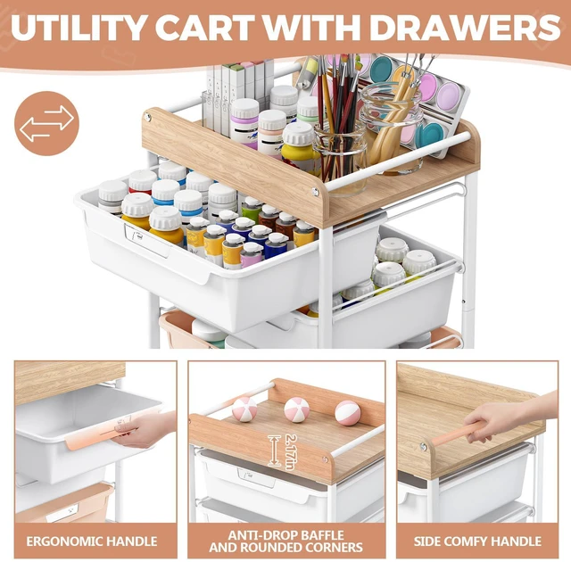 Alt view image 3 of 7 - Rolling Storage Utility Cart with 4 Drawers,Art Cart,Pearl Kids Craft Cart,Makeup Organizer and Storage with Wooden Tabletop