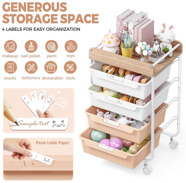 Alt view image 2 of 7 - Rolling Storage Utility Cart with 4 Drawers,Art Cart,Pearl Kids Craft Cart,Makeup Organizer and Storage with Wooden Tabletop