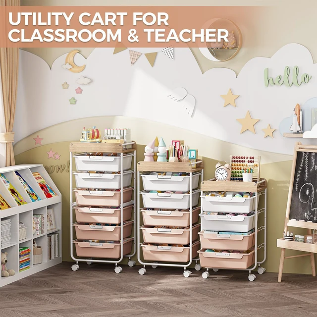 Alt view image 6 of 7 - Rolling Storage Utility Cart with 4 Drawers,Art Cart,Pearl Kids Craft Cart,Makeup Organizer and Storage with Wooden Tabletop