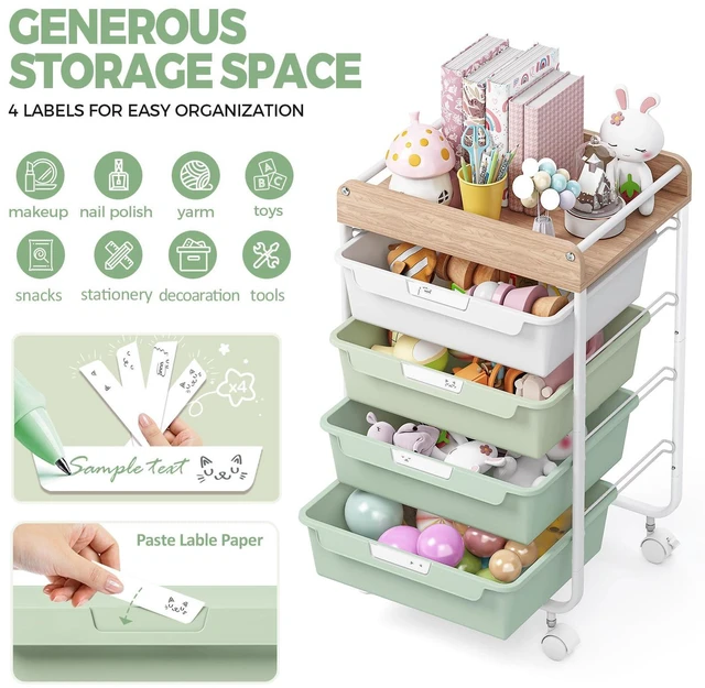 Alt view image 2 of 7 - Rolling Storage Utility Cart with 4 Drawers,Art Cart,Green Kids Craft Cart,Makeup Organizer and Storage with Wooden Tabletop