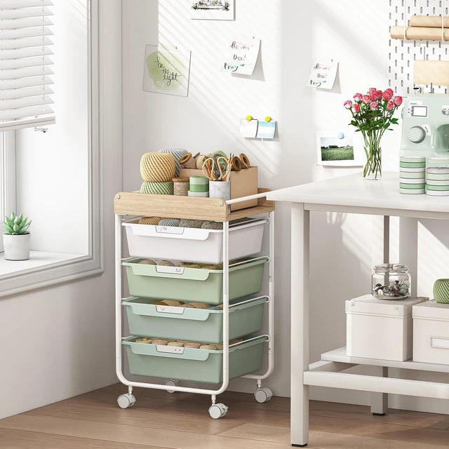 Alt view image 4 of 7 - Rolling Storage Utility Cart with 4 Drawers,Art Cart,Green Kids Craft Cart,Makeup Organizer and Storage with Wooden Tabletop