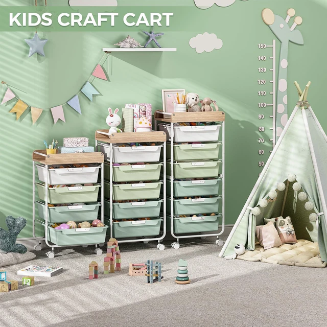 Alt view image 5 of 7 - Rolling Storage Utility Cart with 4 Drawers,Art Cart,Green Kids Craft Cart,Makeup Organizer and Storage with Wooden Tabletop